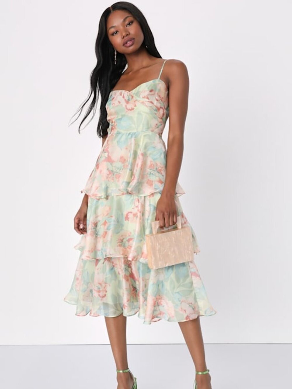 Lulus Darling Aesthetic Green Floral Print Tiered Midi Dress - Size XS